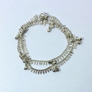 Authentic Dainty Silver Payal Anklet Set of Two Attached With 3 Small Bells